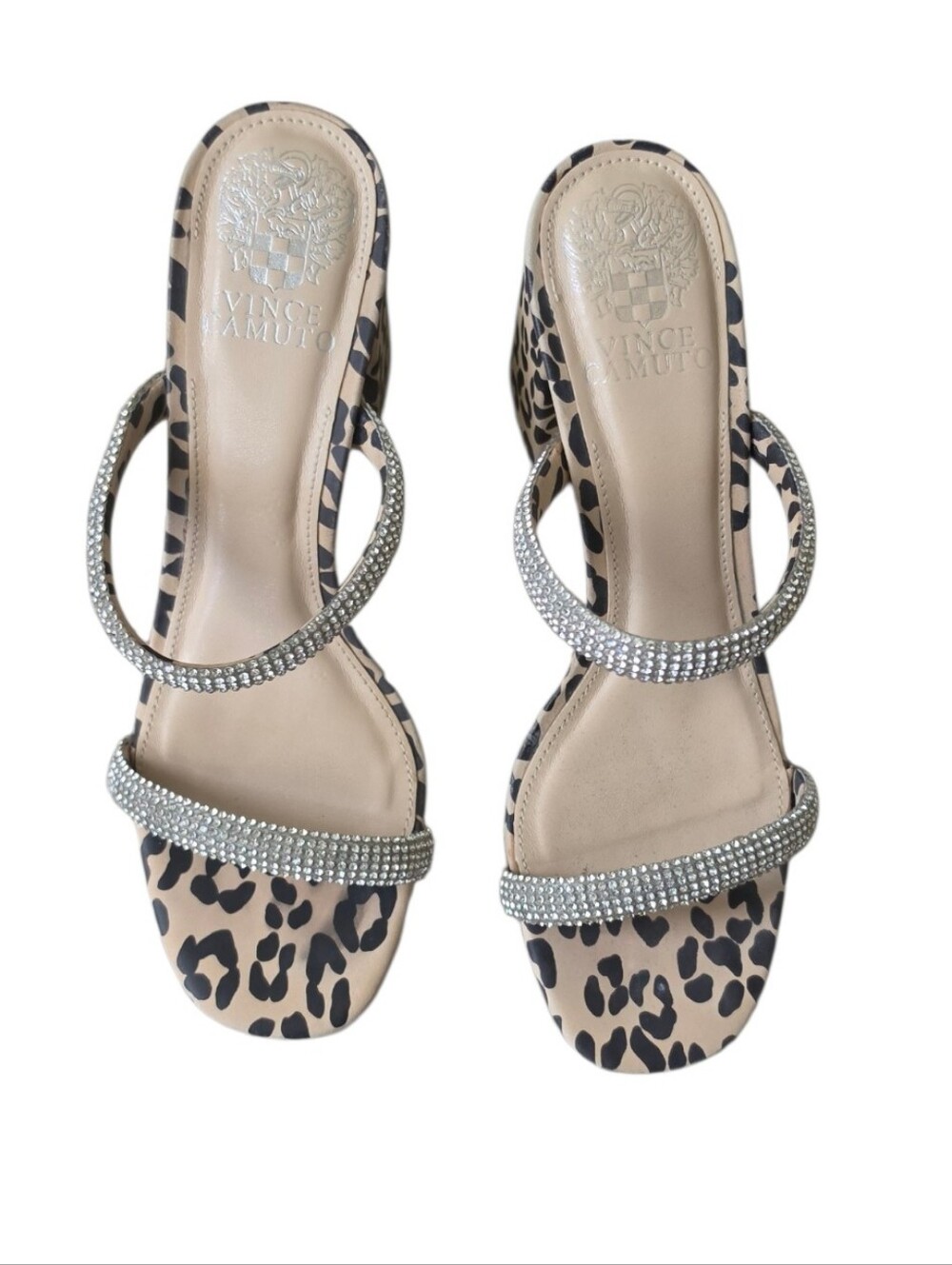 Vince Camuto Magaly Leopard Rhinestone Block Heel Sandals Y2K 7M - Picture 2 of 8
